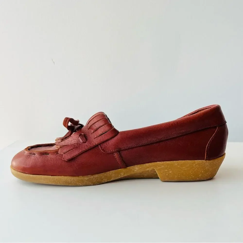 Vintage Red Brown Leather Fringe Moccasins Laced Wedge Rubber Sole Comfortable